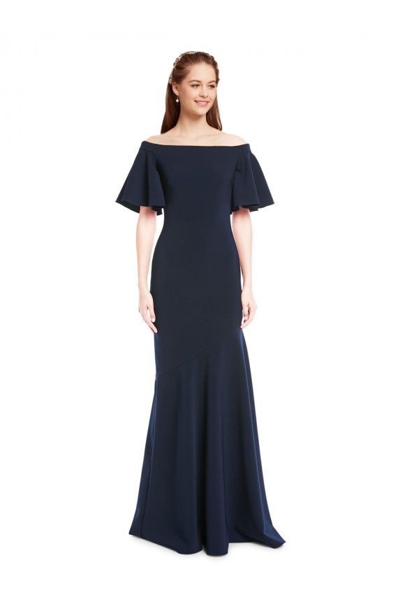 Mangas Curtas Fora do Ombro Crepe Esticado Marinha Negra Comprimento Chão Vestidos de Madrinha / Vestidos de Noite Mais Barato
