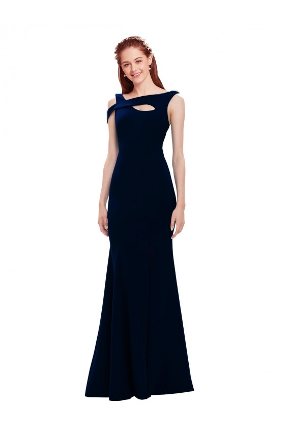 Sem Mangas Fora do Ombro Crepe Esticado Marinha Negra Comprimento Chão Vestidos de Festa / Vestidos de Madrinha Mais Barato