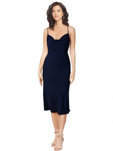 Sem Mangas Decote Capuz Cetim Sedoso Marinha Negra Comprimento Midi Curto Vestidos de Madrinha / Vestidos de Noite / Vestidos de Festa Mais Barato