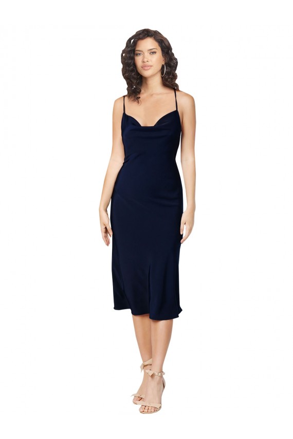 Sem Mangas Decote Capuz Cetim Sedoso Marinha Negra Comprimento Midi Curto Vestidos de Madrinha / Vestidos de Noite / Vestidos de Festa Mais Barato