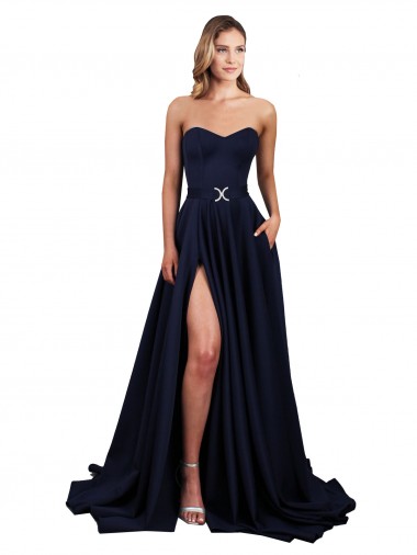 Sem Mangas Decote Alto Crepe Esticado Marinha Negra Comprimento Chão Linha A Longo Vestidos de Madrinha / Vestidos de Noite / Vestidos de Festa Mais Barato