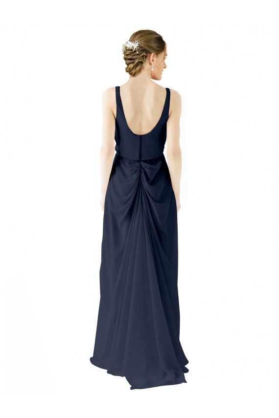 Sem Mangas Colher Chiffon Marinha Negra Comprimento Chão Linha A Vestidos de Madrinha Mais Barato
