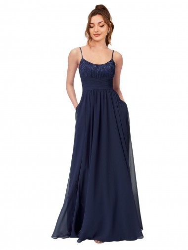 Sem Mangas Colher Chiffon & Renda Marinha Negra Comprimento Chão Vestidos de Madrinha Mais Barato