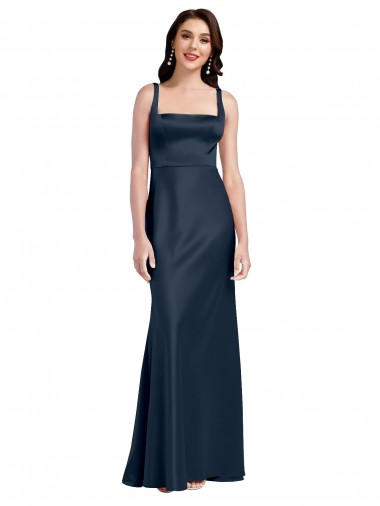 Sem Mangas Decote Quadrado Cetim Elástico Marinha Negra Comprimento Chão Vestidos de Madrinha / Vestidos de Noite / Vestidos de Festa Mais Barato