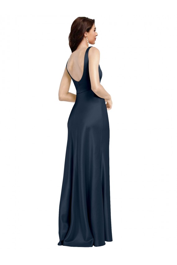 Sem Mangas Decote Quadrado Cetim Elástico Marinha Negra Comprimento Chão Vestidos de Madrinha / Vestidos de Noite / Vestidos de Festa Mais Barato