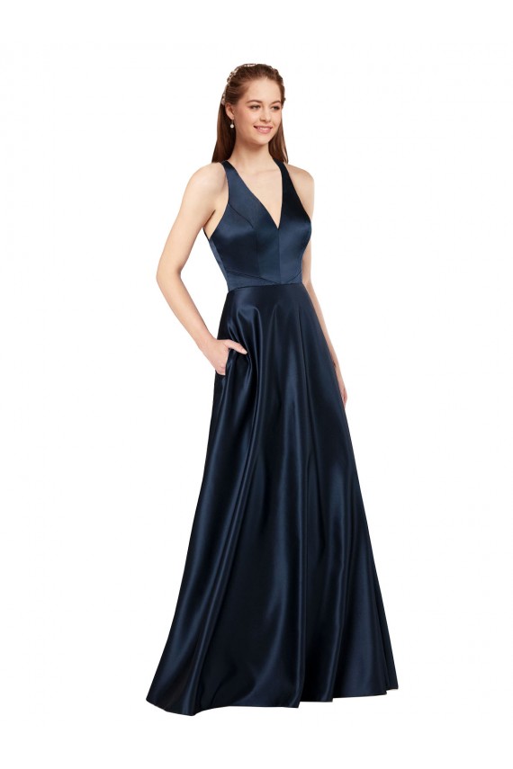 Sem Mangas Decote V Cetim Marinha Negra Comprimento Chão Vestidos de Madrinha / Vestidos de Noite / Vestidos de Festa Mais Barato