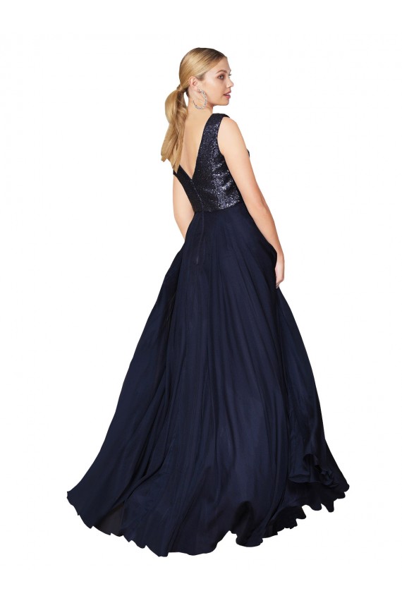 Sem Mangas Decote Alto Chiffon & Lantejoulas Marinha Negra Comprimento Chão Vestidos de Madrinha / Vestidos de Festa Mais Barato