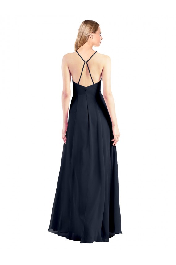 Sem Mangas Decote V Chiffon Marinha Negra Comprimento Chão Vestidos de Madrinha / Vestidos de Festa Mais Barato