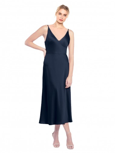 Sem Mangas Decote V Cetim Elástico Marinha Negra Comprimento Midi Vestidos de Madrinha / Vestidos de Noite / Vestidos de Festa Mais Barato