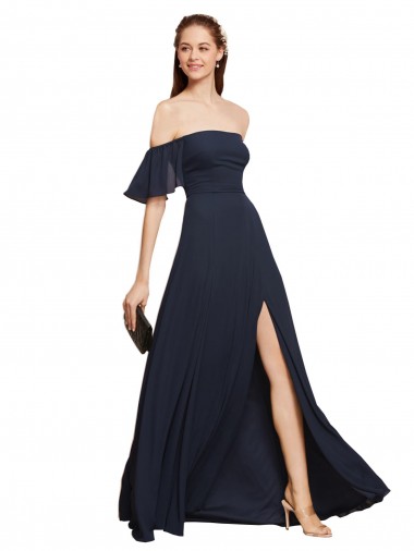 Sem Mangas Fora do Ombro Chiffon Marinha Negra Comprimento Chão Vestidos de Madrinha / Vestidos de Festa Mais Barato