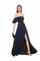 Sem Mangas Fora do Ombro Chiffon Marinha Negra Comprimento Chão Vestidos de Madrinha / Vestidos de Festa Mais Barato