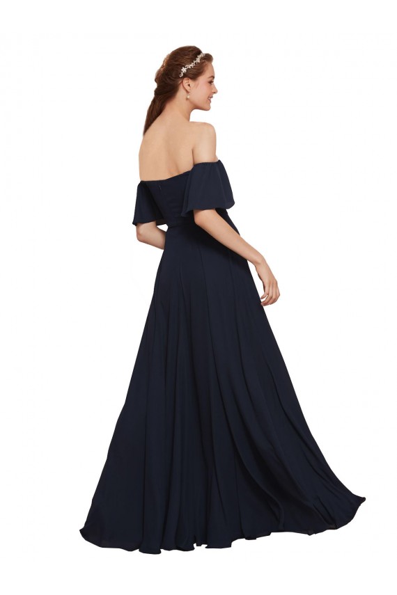 Sem Mangas Fora do Ombro Chiffon Marinha Negra Comprimento Chão Vestidos de Madrinha / Vestidos de Festa Mais Barato