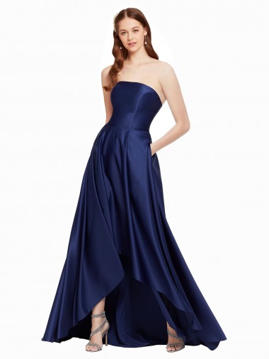 Sem Mangas Sem alças Cetim Marinha Negra Alto Baixo Vestidos de Madrinha / Vestidos de Noite / Vestidos de Festa Mais Barato