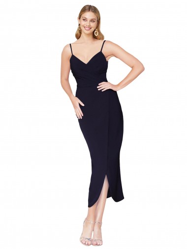 Sem Mangas Decote Alto Crepe Esticado Marinha Negra Alto Baixo Vestidos de Madrinha / Vestidos de Noite / Vestidos de Festa Mais Barato