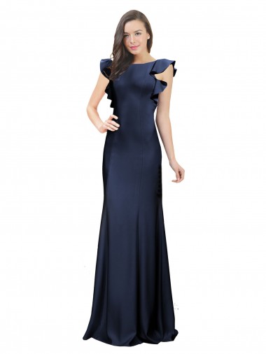 Sem Mangas Barco Crepe Esticado Marinha Negra Comprimento Chão Vestidos de Madrinha / Vestidos de Festa Mais Barato
