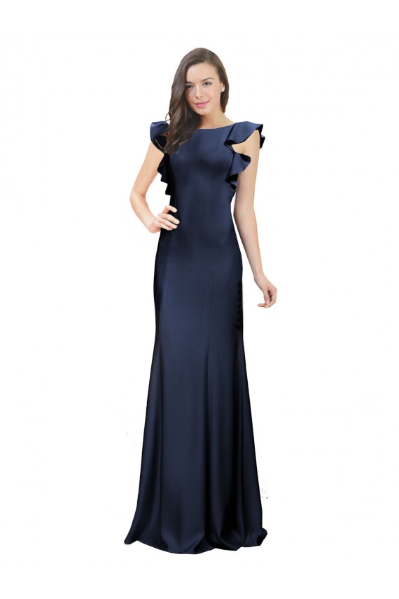 Sem Mangas Barco Crepe Esticado Marinha Negra Comprimento Chão Vestidos de Madrinha / Vestidos de Festa Mais Barato