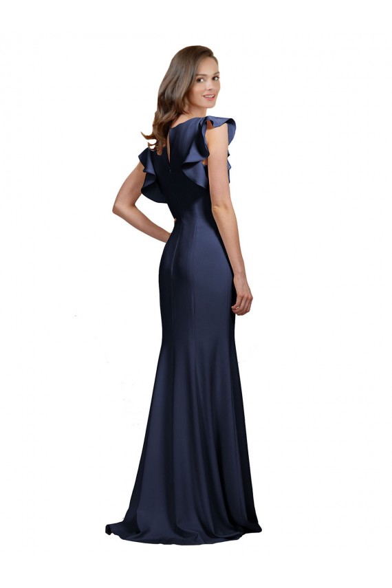 Sem Mangas Barco Crepe Esticado Marinha Negra Comprimento Chão Vestidos de Madrinha / Vestidos de Festa Mais Barato
