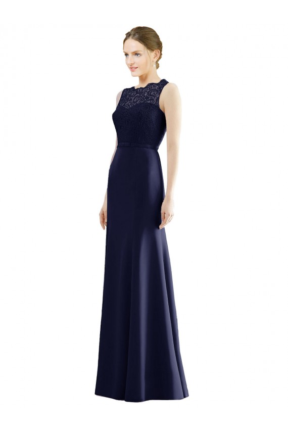 Sem Mangas Decote Ilusão Chiffon & Renda Marinha Negra Comprimento Chão Longo Vestidos de Madrinha Mais Barato