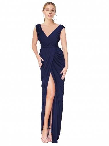 Sem Mangas Decote Alto Chiffon Marinha Negra Comprimento Chão Sereia Vestidos de Madrinha / Vestidos de Noite / Vestidos de Festa Mais Barato