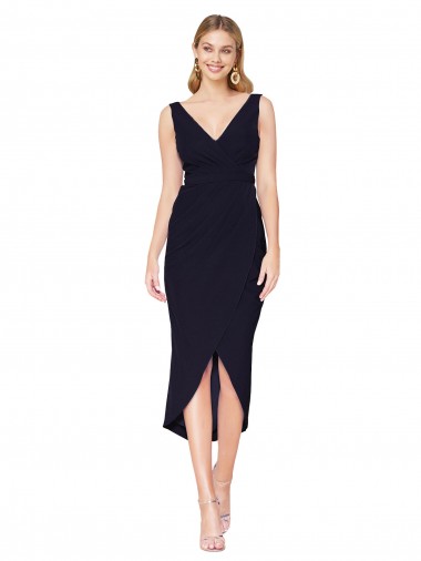 Sem Mangas Decote Alto Crepe Esticado Marinha Negra Comprimento Joelho Vestidos de Madrinha / Vestidos de Noite / Vestidos de Festa Mais Barato