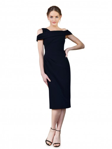 Sem Mangas Fora do Ombro Crepe Esticado Marinha Negra Comprimento Chá Vestidos de Madrinha / Vestidos de Noite / Vestidos de Festa Mais Barato