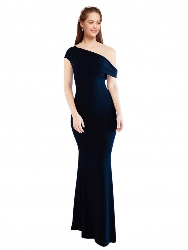 Sem Mangas Um Ombro Crepe Esticado Marinha Negra Comprimento Chão Vestidos de Madrinha / Vestidos de Noite / Vestidos de Festa Mais Barato