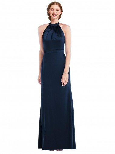 Sem Mangas Decote Alto Crepe Esticado Marinha Negra Comprimento Chão Vestidos de Madrinha / Vestidos de Festa Mais Barato