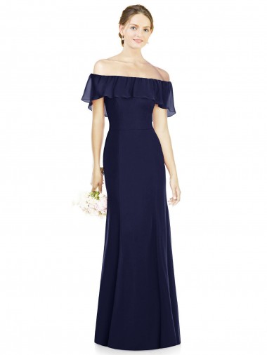 Sem Mangas Fora do Ombro Chiffon Marinha Negra Comprimento Chão Longo Vestidos de Madrinha Mais Barato