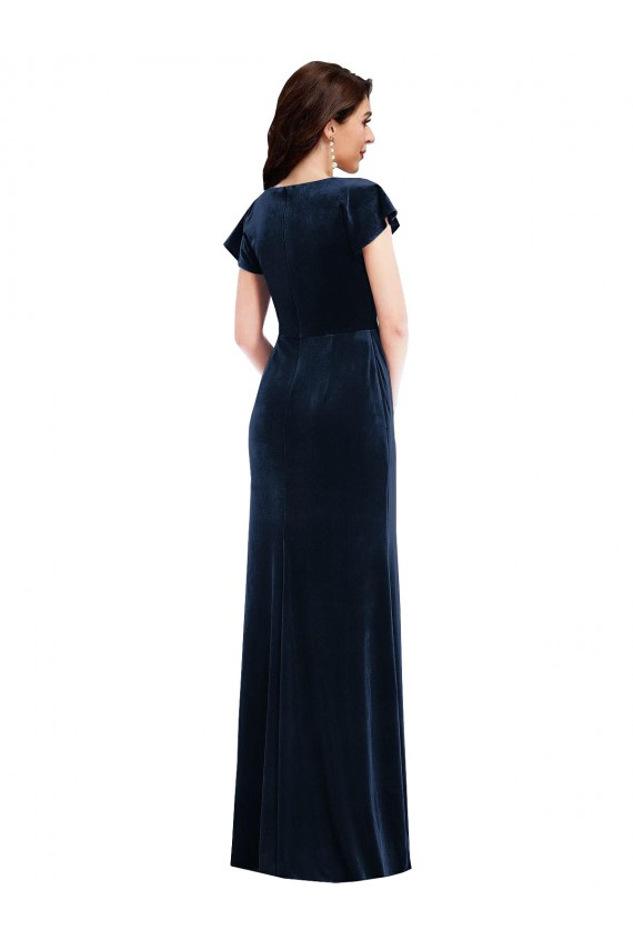 Mangas Esvoaçantes Decote V Veludo Elástico Marinha Negra Comprimento Chão Vestidos de Madrinha / Vestidos de Noite / Vestidos de Festa Mais Barato