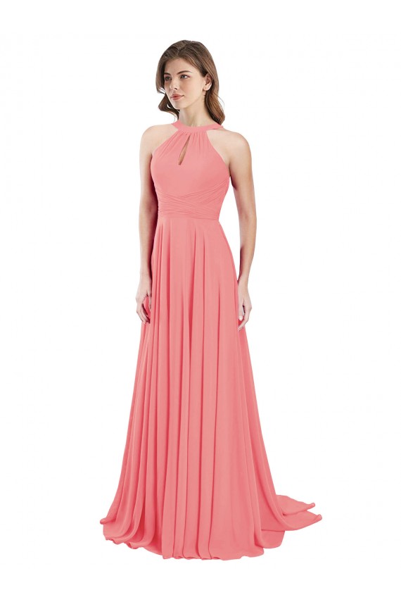 Sem Mangas Cabeçada Chiffon Melancia Comprimento Chão Vestidos de Madrinha Mais Barato