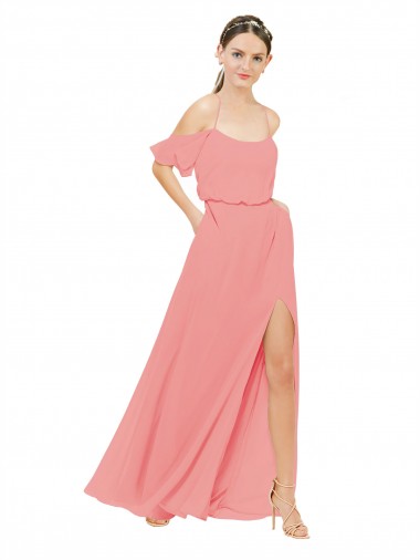 Sem Mangas Fora do Ombro Chiffon Melancia Comprimento Chão Vestidos de Madrinha Mais Barato