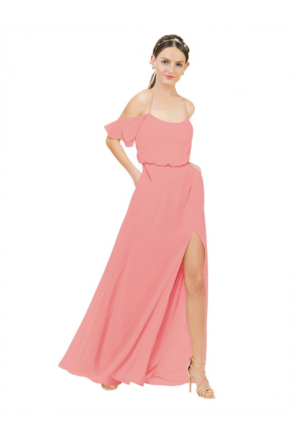 Sem Mangas Fora do Ombro Chiffon Melancia Comprimento Chão Vestidos de Madrinha Mais Barato