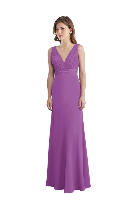 Sem Mangas Decote V Chiffon Narciso Comprimento Chão Vestidos de Madrinha Mais Barato