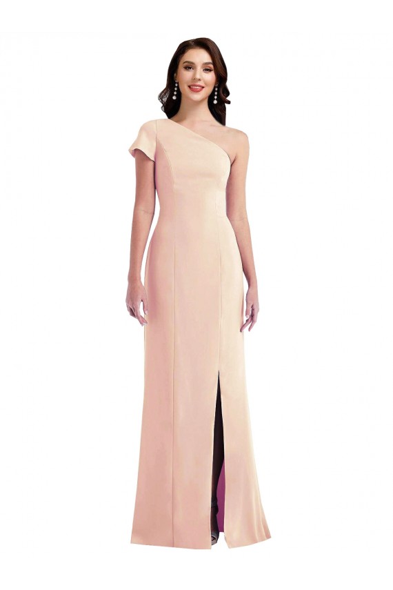 Mangas Curtas Um Ombro Crepe Esticado Nu Comprimento Chão Vestidos de Madrinha / Vestidos de Noite / Vestidos de Festa Mais Barato