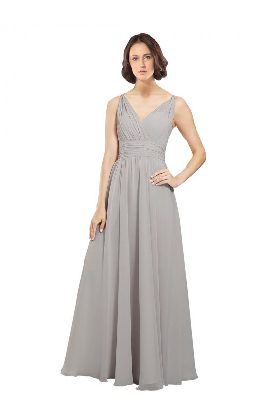 Sem Mangas Decote V Chiffon Ostra Prata Comprimento Chão Vestidos de Madrinha Mais Barato