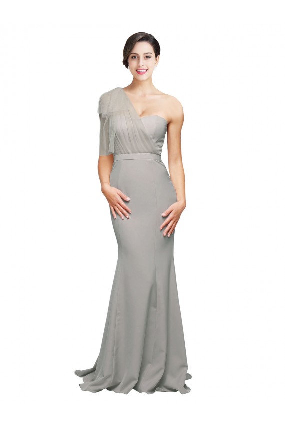 Sem Mangas Amor Crepe Esticado & Tule Ostra Prata Comboio Varredela Vestidos de Madrinha / Vestidos de Noite / Vestidos de Festa Mais Barato