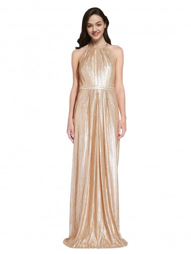 Sem Mangas Decote Alto Lantejoulas Ouro Comprimento Chão Vestidos de Madrinha / Vestidos de Noite / Vestidos de Festa Mais Barato