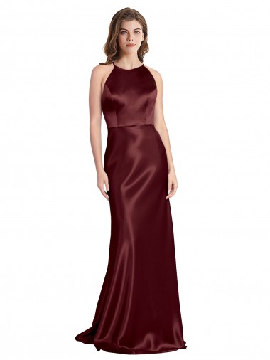 Sem Mangas Decote V Cetim Elástico Ouro Borgonha Comprimento Chão Linha A Vestidos de Madrinha / Vestidos de Noite / Vestidos de Festa Mais Barato