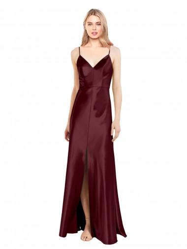 Sem Mangas Decote V Cetim Elástico Ouro Borgonha Comprimento Chão Vestidos de Madrinha / Vestidos de Noite / Vestidos de Festa Mais Barato