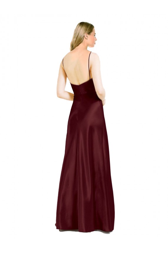 Sem Mangas Decote V Cetim Elástico Ouro Borgonha Comprimento Chão Vestidos de Madrinha / Vestidos de Noite / Vestidos de Festa Mais Barato