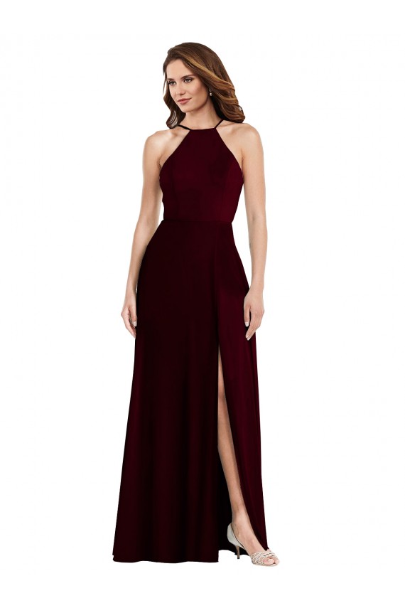 Sem Mangas Cabeçada Chiffon Ouro Borgonha Comprimento Chão Vestidos de Madrinha Mais Barato