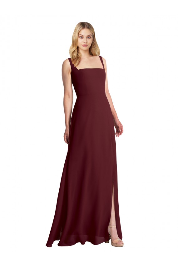 Sem Mangas Decote Quadrado Chiffon Ouro Borgonha Comprimento Chão Vestidos de Madrinha Mais Barato