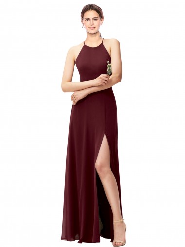 Sem Mangas Decote Alto Chiffon Ouro Borgonha Comprimento Chão Vestidos de Madrinha Mais Barato