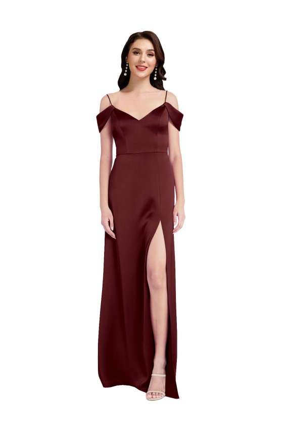 Sem Mangas Decote V Cetim Elástico Ouro Borgonha Comprimento Chão Longo Vestidos de Madrinha / Vestidos de Noite / Vestidos de Festa Mais Barato