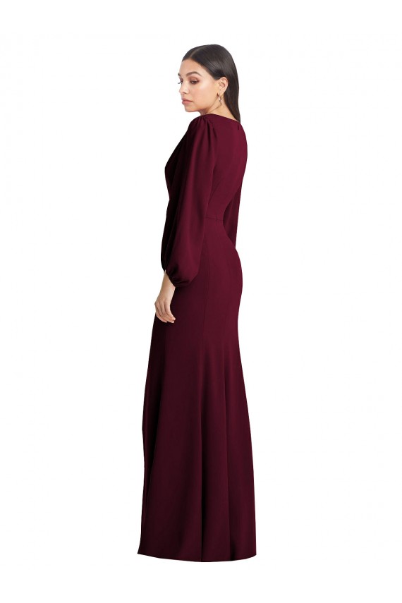 Mangas Bufantes Decote V Crepe Esticado Ouro Borgonha Comprimento Chão Vestidos de Madrinha / Vestidos de Festa Mais Barato