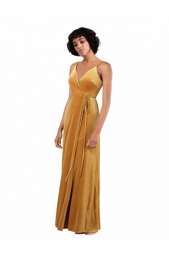 Sem Mangas Decote V Veludo Elástico Ouro Comprimento Chão Vestidos de Madrinha / Vestidos de Noite / Vestidos de Festa Mais Barato