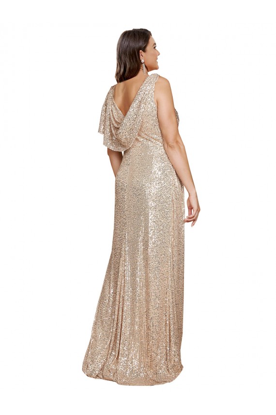 Sem Mangas Decote V Lantejoulas Ouro Comprimento Chão Vestidos de Madrinha / Vestidos de Noite / Vestidos de Festa Mais Barato