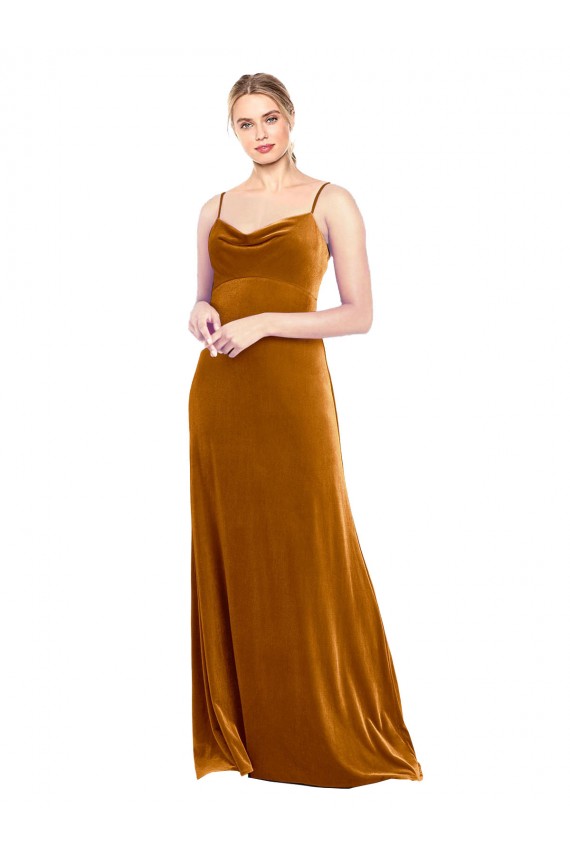 Sem Mangas Decote Capuz Veludo Elástico Ouro Comprimento Chão Vestidos de Madrinha / Vestidos de Festa Mais Barato