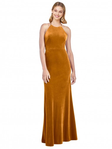Sem Mangas Decote Alto Veludo Elástico Ouro Comprimento Chão Vestidos de Madrinha / Vestidos de Noite / Vestidos de Festa Mais Barato