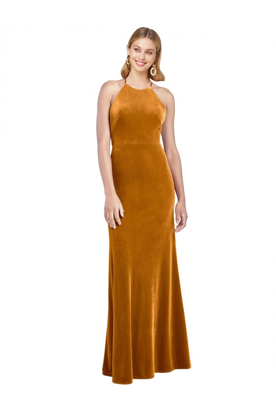 Sem Mangas Decote Alto Veludo Elástico Ouro Comprimento Chão Vestidos de Madrinha / Vestidos de Noite / Vestidos de Festa Mais Barato